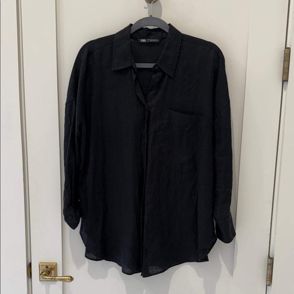 Zara Linen Charcoal Button-Up Shirt